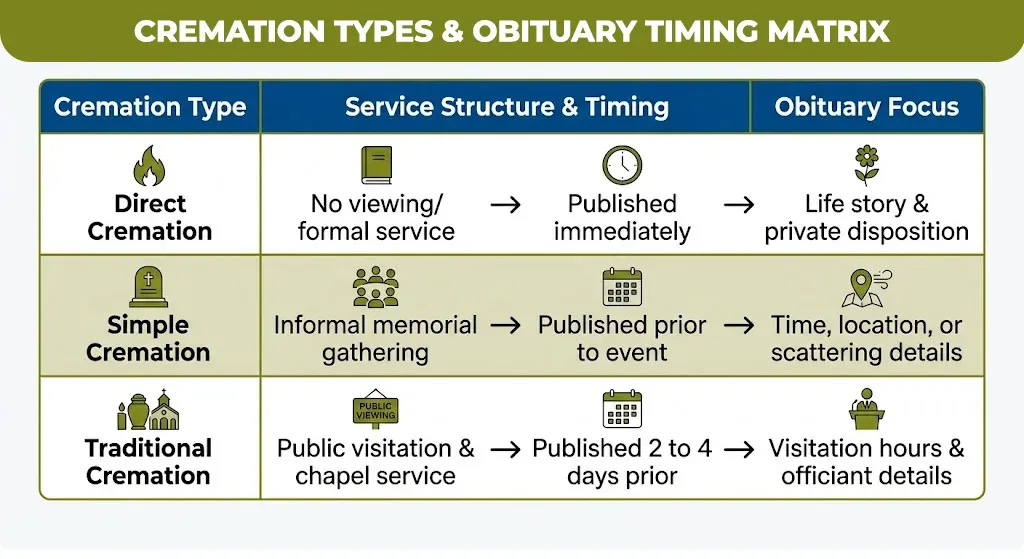 cremation types & obituary timing matrix