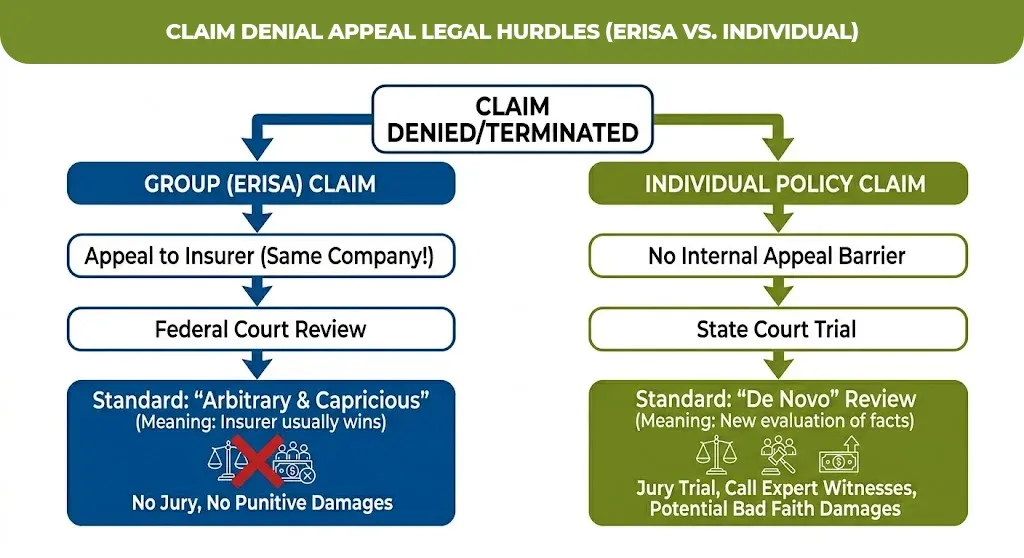 Claim Denial Appeal Legal Hurdles (Erisa vs. Individual)